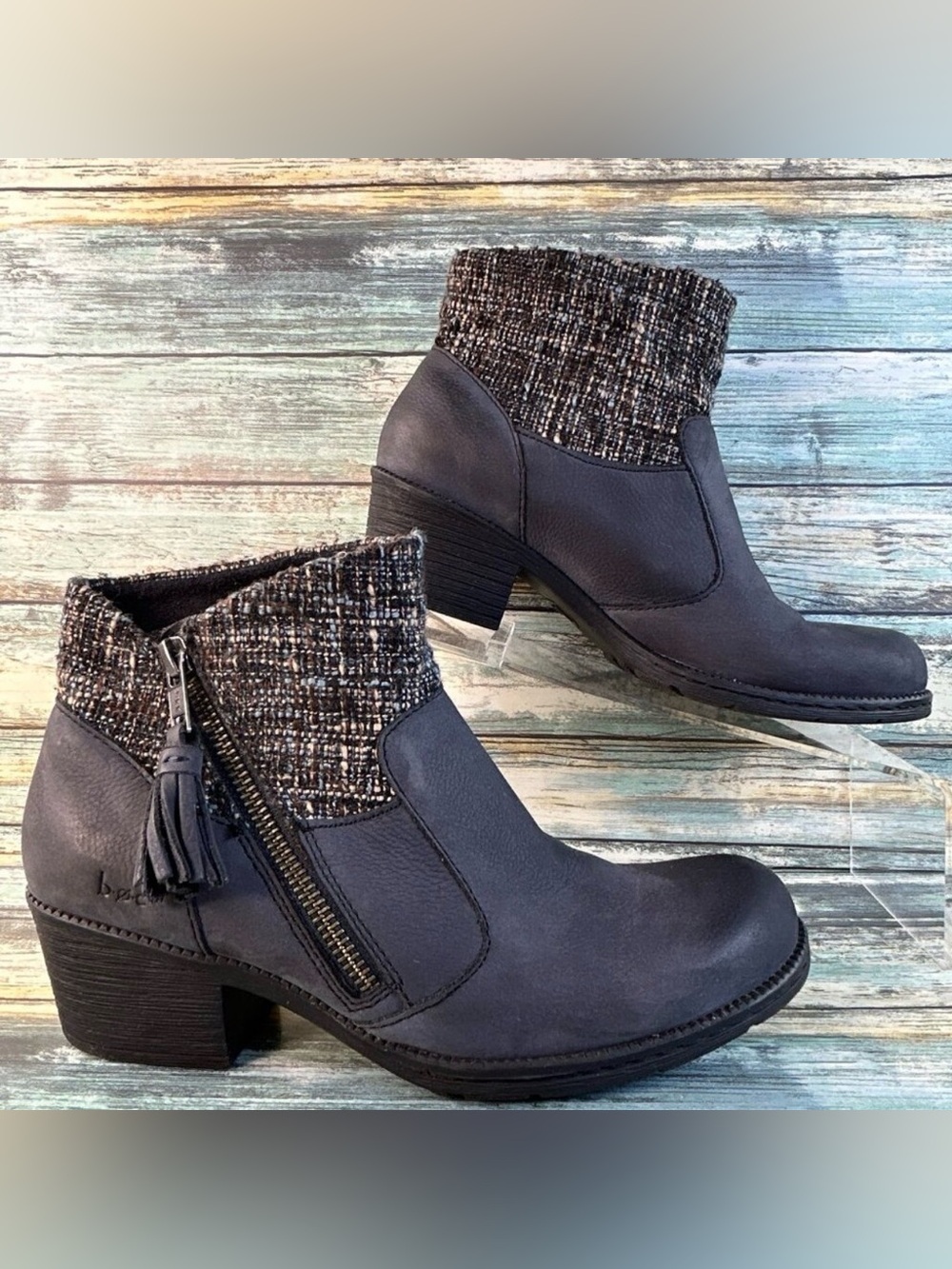 BOC Ankle Boot Womens 6.5 Blue/Gray Leather Tweed Knit Cuff Tassel Short Western